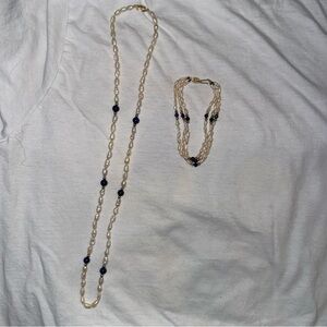 14k Gold Necklace and Bracelet Set Faux Pearl and Lapis Blue Bead